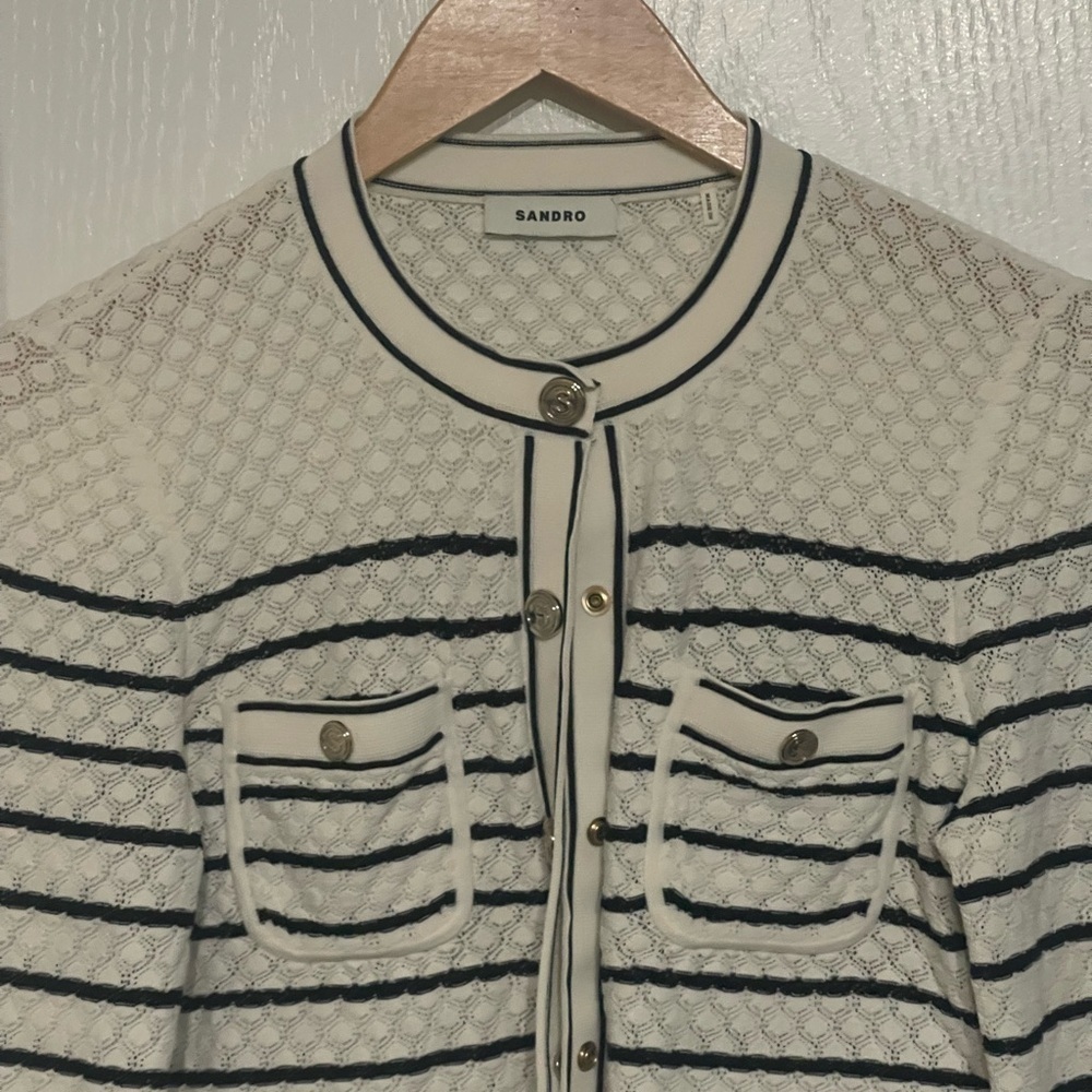 SANDRO Cropped White and Black Striped Cardigan Gold Hardware Buttons Sz 2 = Med - Picture 5 of 12